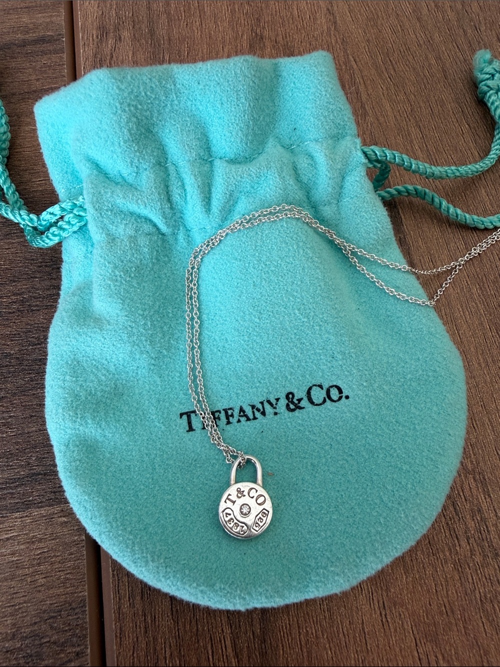 Tiffany & Co. Silver lock Padlock Pendant necklace  with Blue Pouch- diamond loc